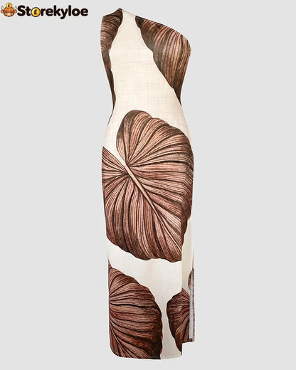 Tropical Print One Shoulder Bodycon Slit Dress Sexy Slim Fit Maxi Dress