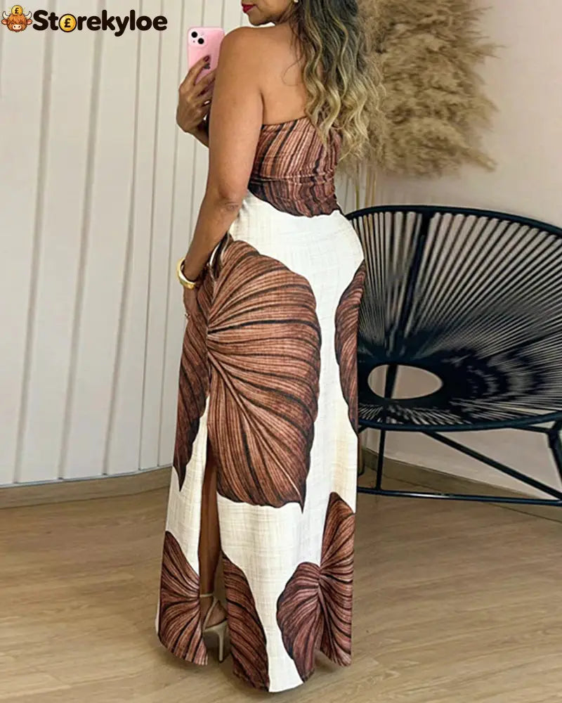 Tropical Print One Shoulder Bodycon Slit Dress Sexy Slim Fit Maxi Dress
