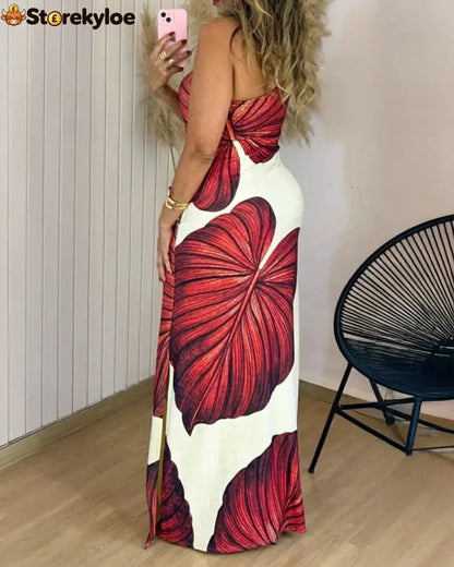 Tropical Print One Shoulder Bodycon Slit Dress Sexy Slim Fit Maxi Dress