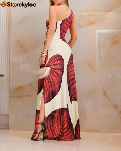 Tropical Print One Shoulder Bodycon Slit Dress Sexy Slim Fit Maxi Dress