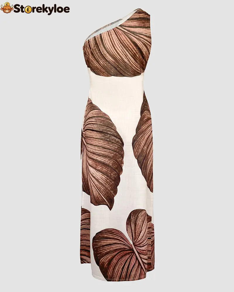 Tropical Print One Shoulder Bodycon Slit Dress Sexy Slim Fit Maxi Dress