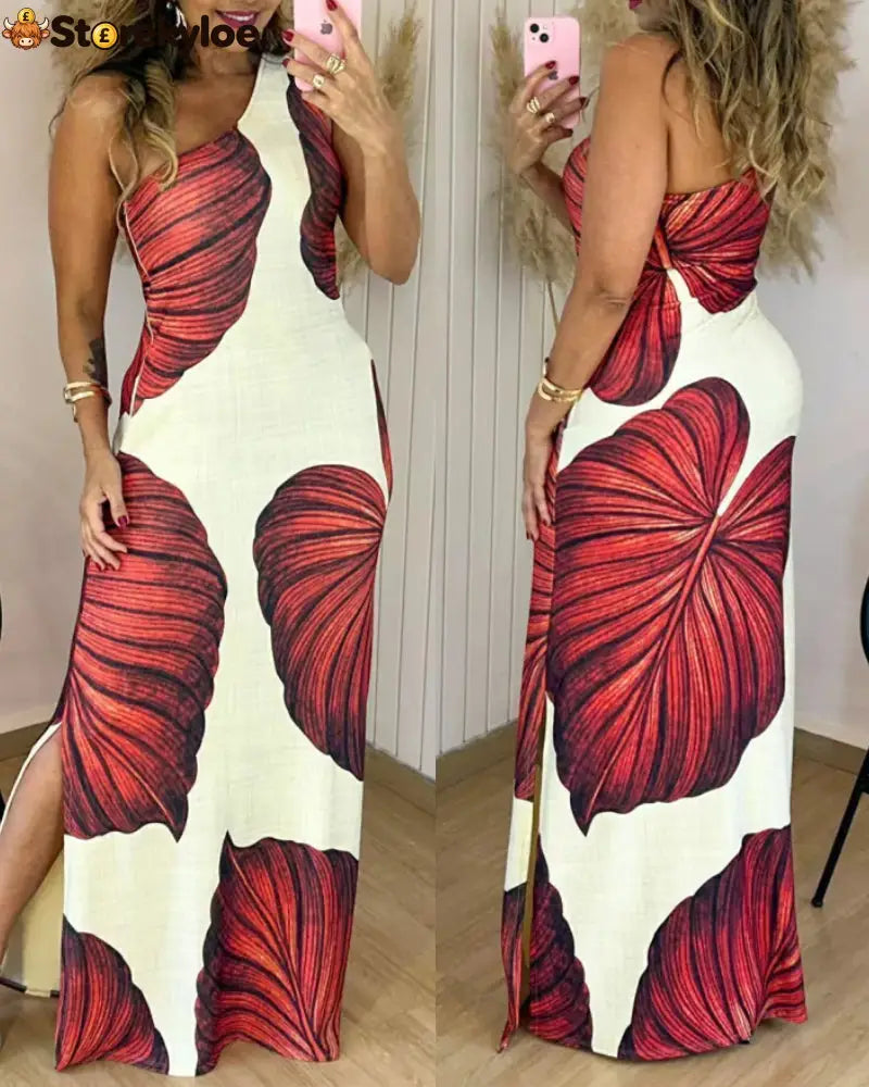 Tropical Print One Shoulder Bodycon Slit Dress Sexy Slim Fit Maxi Dress - red / S