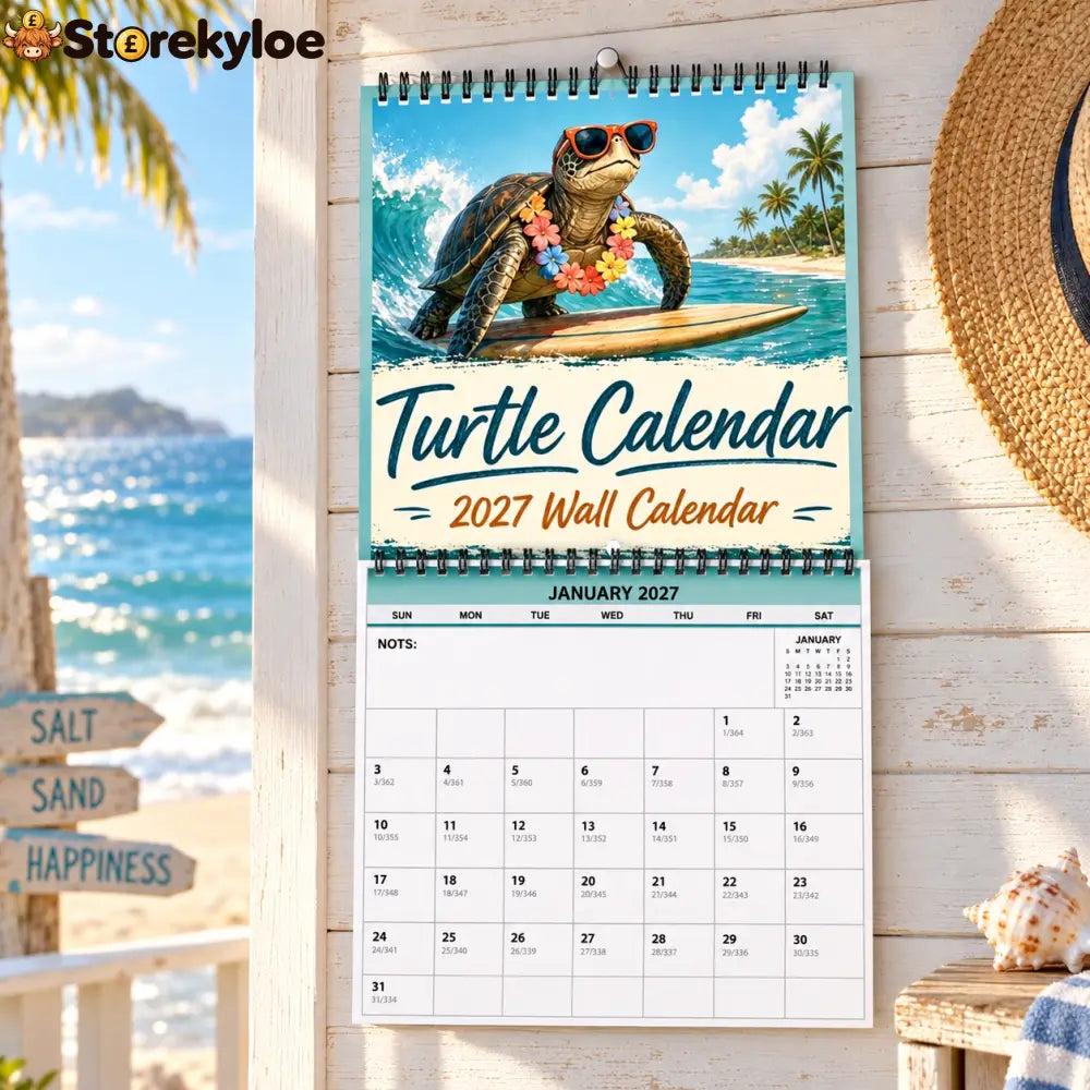 Turtle Calendar 2027 Wall Calendar | Summer Surfing Turtle Tropical Beach Wall Calendar Gift for Turtle Lovers