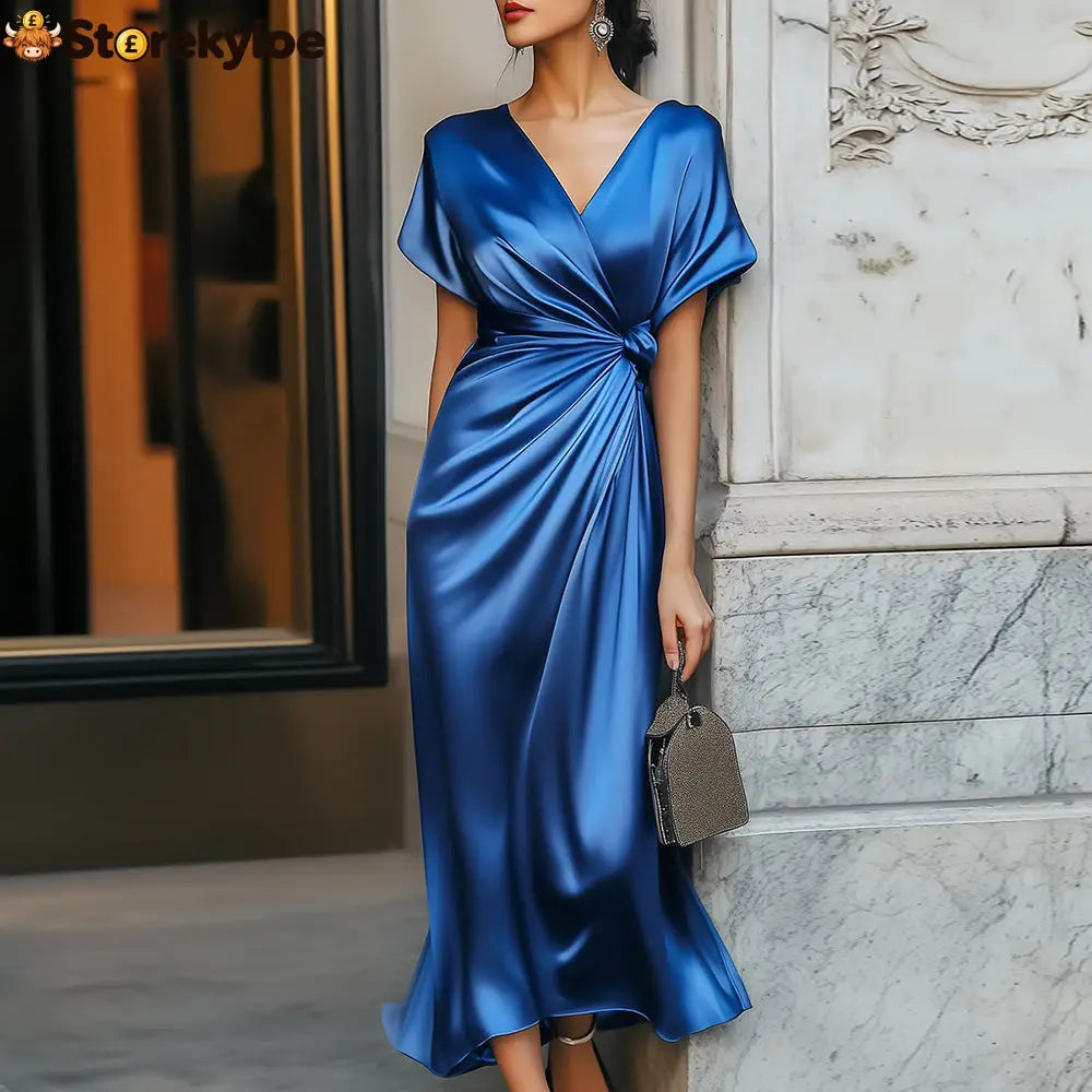 Unique V-Neck Plain Short Sleeve Midi Dress - Blue / S