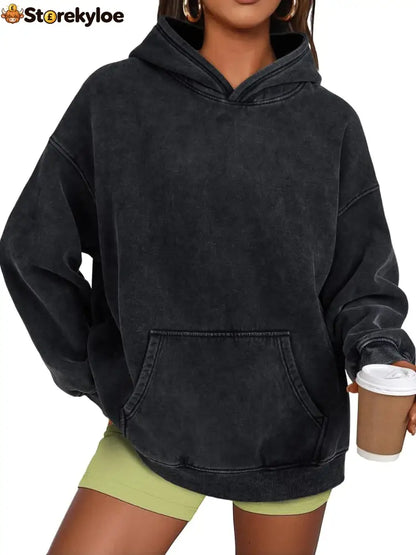 Unisex Casual Oversized Acid Wash Tops Hoodie Pullover - Black / S