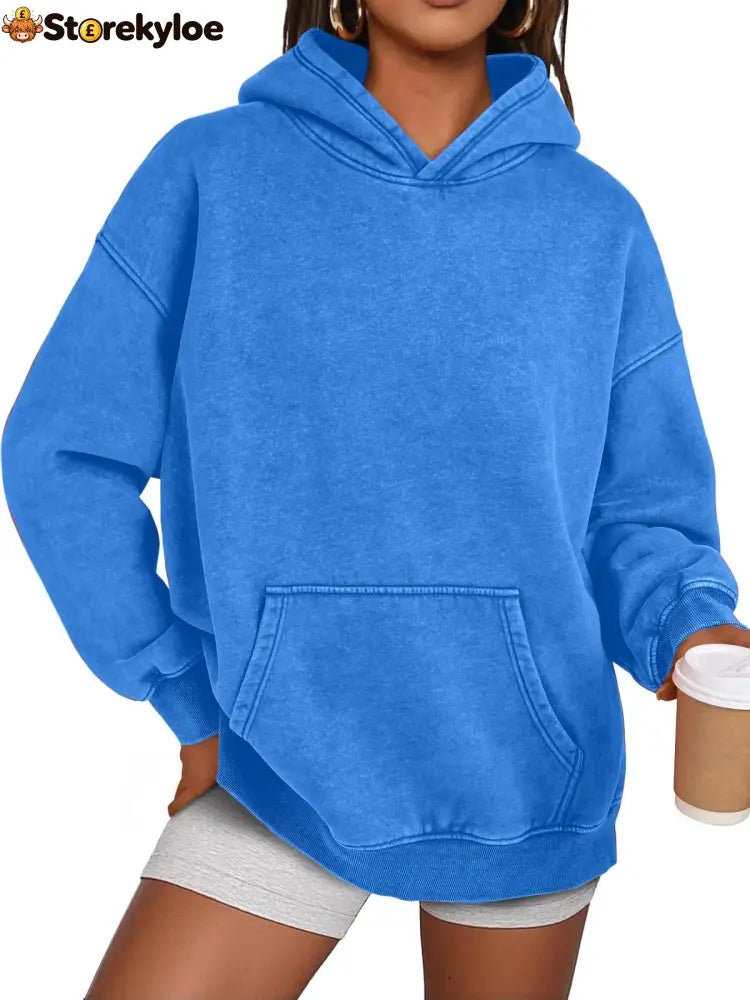 Unisex Casual Oversized Acid Wash Tops Hoodie Pullover - Blue / S