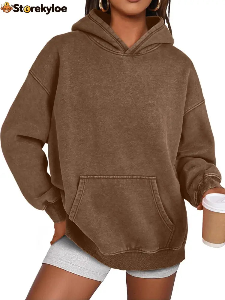 Unisex Casual Oversized Acid Wash Tops Hoodie Pullover - Brown / S
