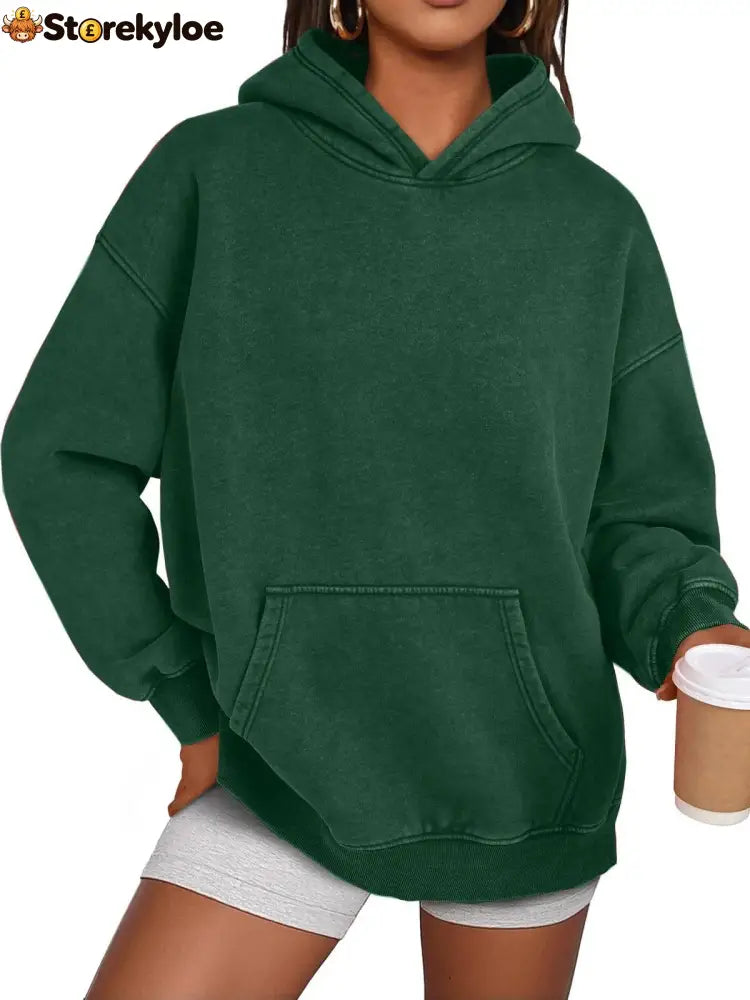 Unisex Casual Oversized Acid Wash Tops Hoodie Pullover - Dark Green / S