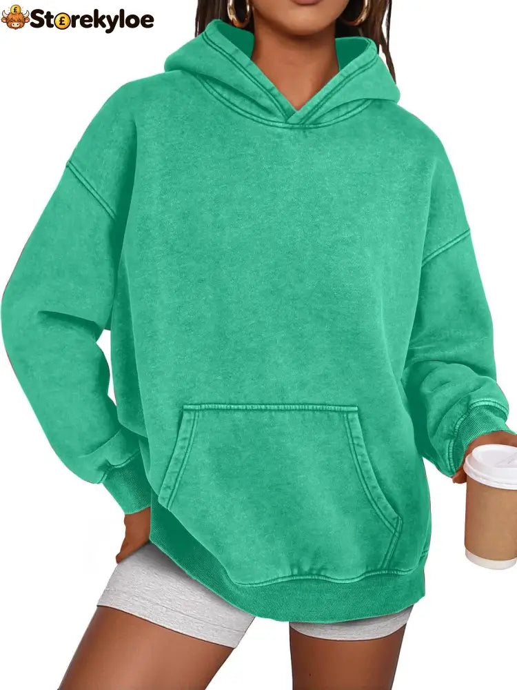 Unisex Casual Oversized Acid Wash Tops Hoodie Pullover - Green / S