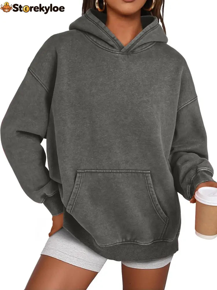 Unisex Casual Oversized Acid Wash Tops Hoodie Pullover - Grey / S