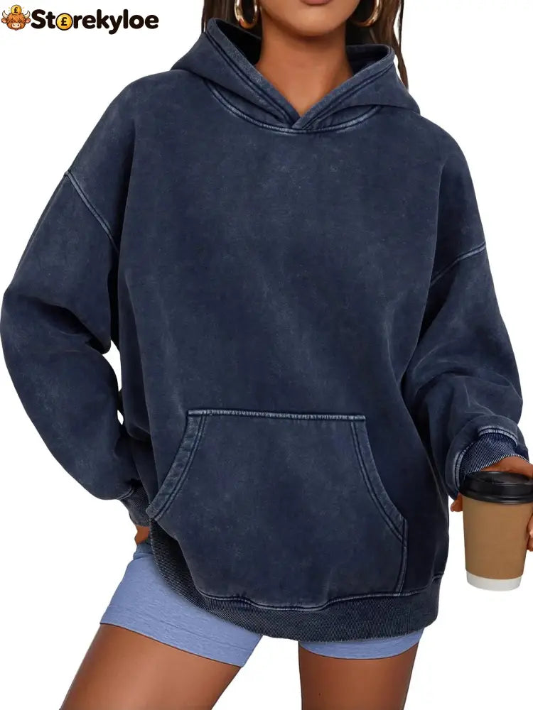 Unisex Casual Oversized Acid Wash Tops Hoodie Pullover - Navy / S
