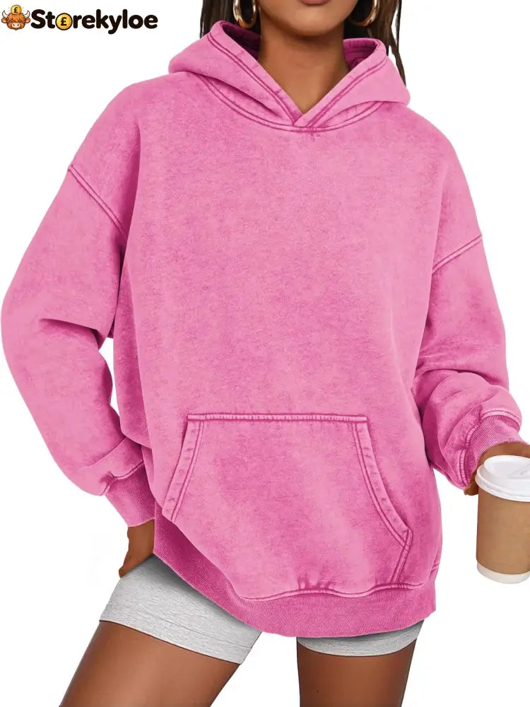 Unisex Casual Oversized Acid Wash Tops Hoodie Pullover - Pink / S