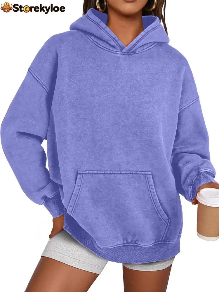 Unisex Casual Oversized Acid Wash Tops Hoodie Pullover - Purple / S