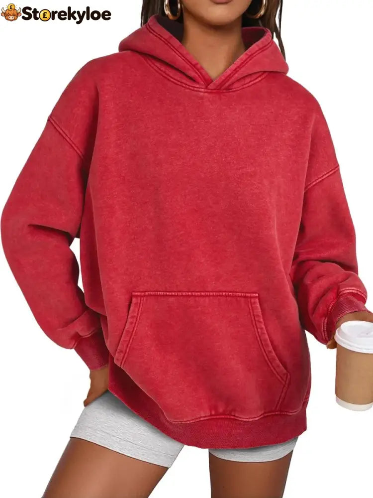 Unisex Casual Oversized Acid Wash Tops Hoodie Pullover - Red / S