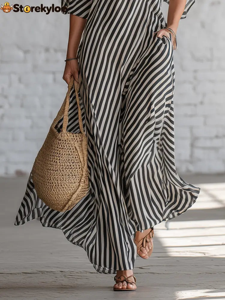 Urban Black Chiffon Striped Print Off Shoulder Maxi Dress
