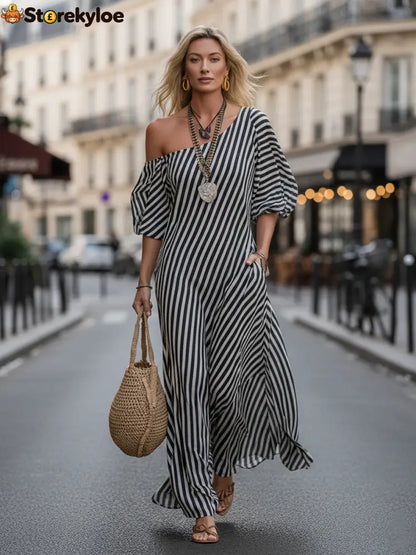 Urban Black Chiffon Striped Print Off Shoulder Maxi Dress