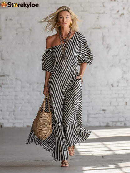 Urban Black Chiffon Striped Print Off Shoulder Maxi Dress