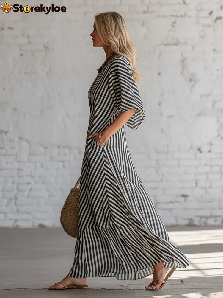 Urban Black Chiffon Striped Print Off Shoulder Maxi Dress
