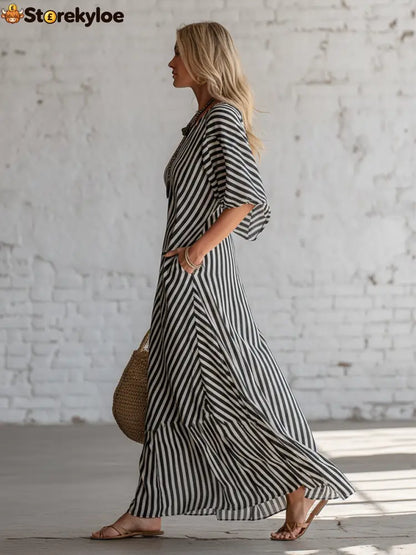 Urban Black Chiffon Striped Print Off Shoulder Maxi Dress