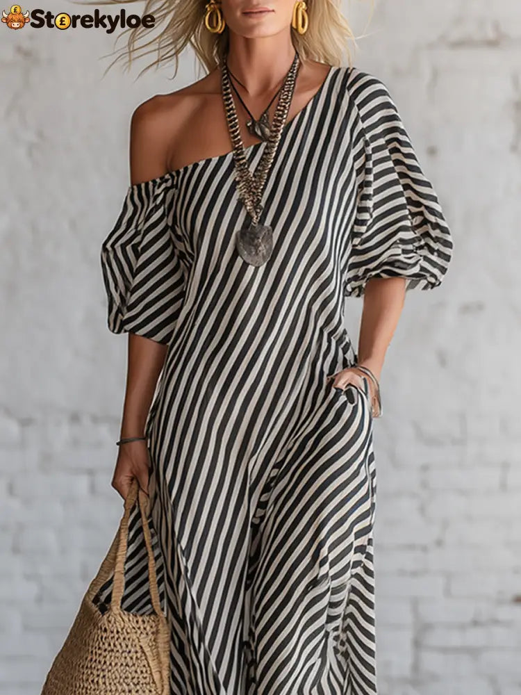 Urban Black Chiffon Striped Print Off Shoulder Maxi Dress