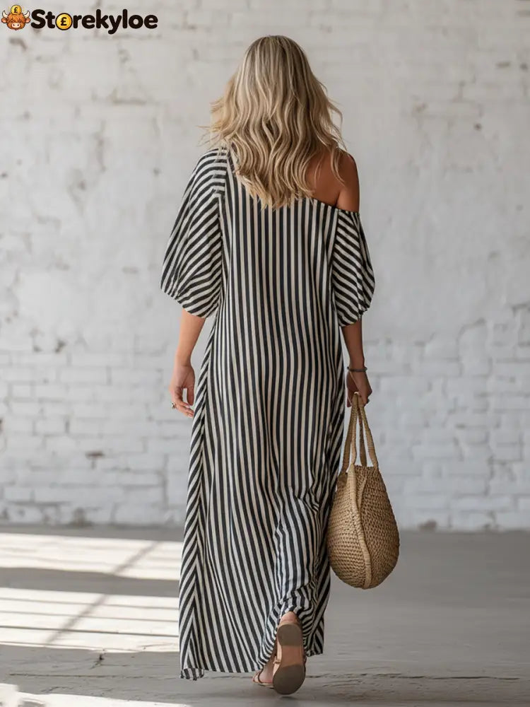 Urban Black Chiffon Striped Print Off Shoulder Maxi Dress