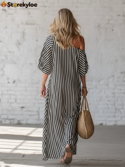 Urban Black Chiffon Striped Print Off Shoulder Maxi Dress