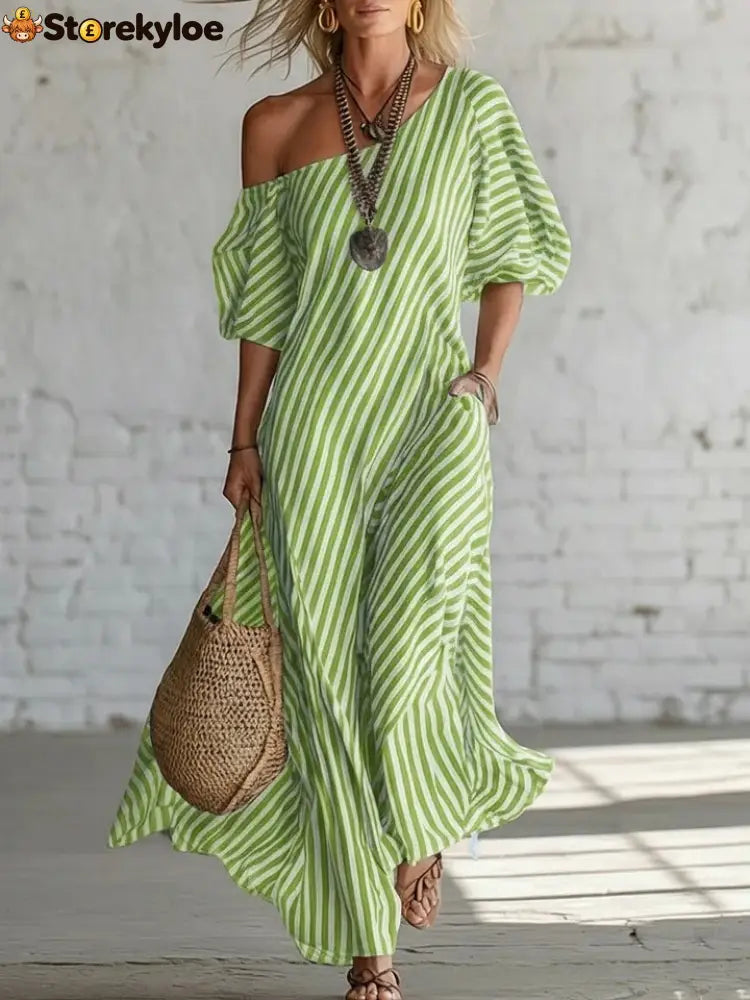 Urban Black Chiffon Striped Print Off Shoulder Maxi Dress - Green / S