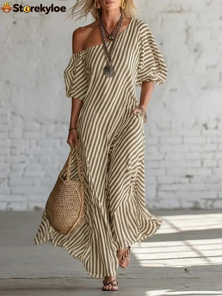 Urban Black Chiffon Striped Print Off Shoulder Maxi Dress - Khaki / S