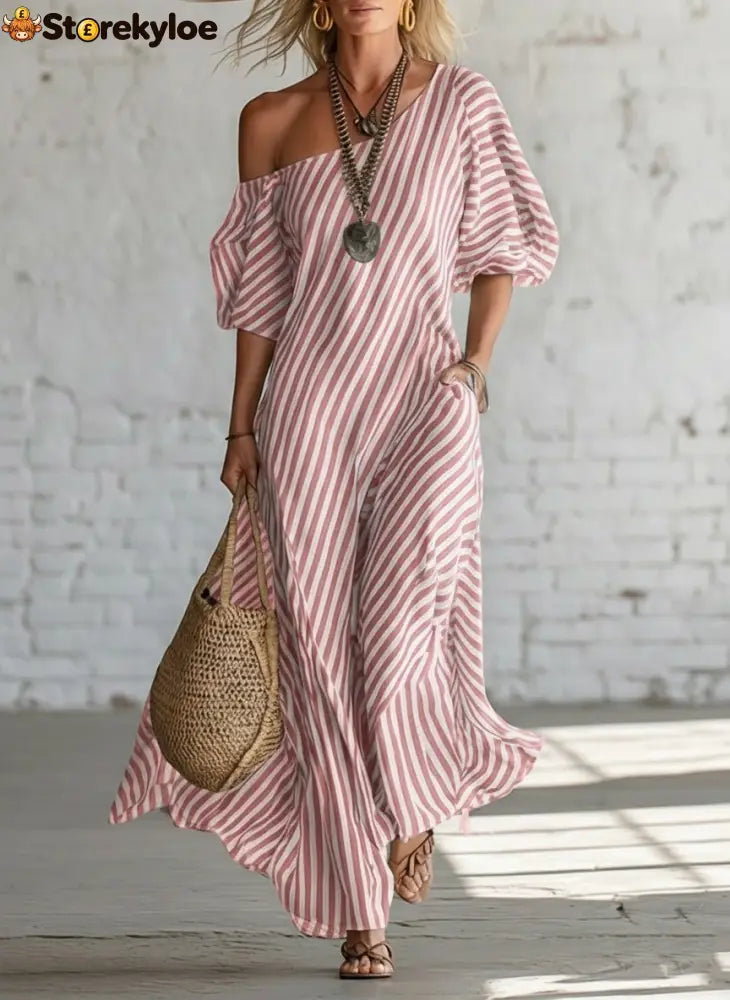 Urban Black Chiffon Striped Print Off Shoulder Maxi Dress - Pink / S