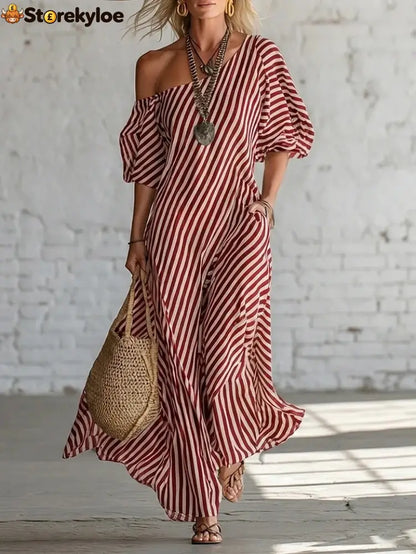 Urban Black Chiffon Striped Print Off Shoulder Maxi Dress - Red / S