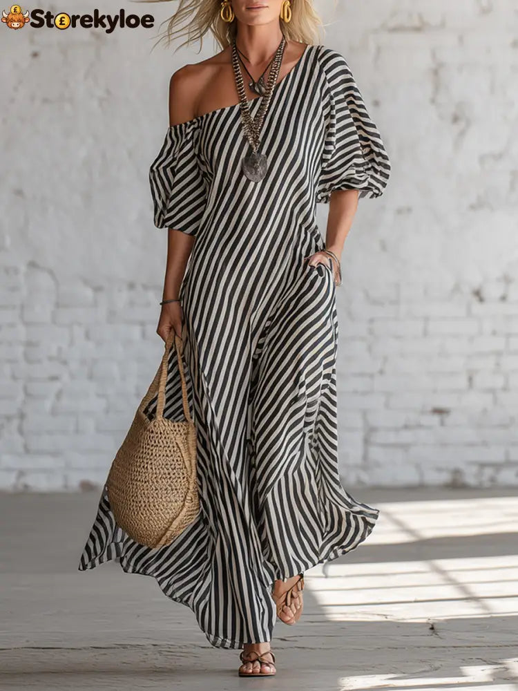Urban Black Chiffon Striped Print Off Shoulder Maxi Dress - Black / S