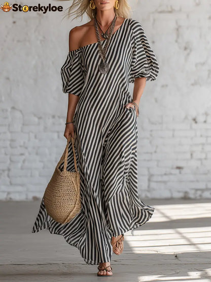 Urban Black Chiffon Striped Print Off Shoulder Maxi Dress - Black / S