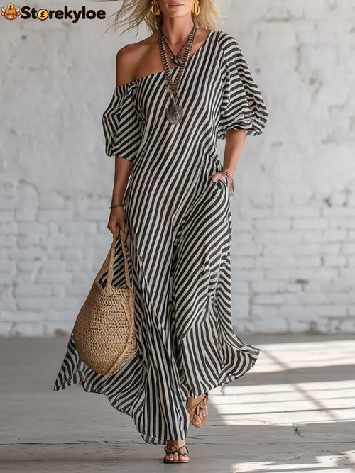 Urban Black Chiffon Striped Print Off Shoulder Maxi Dress - Black / S