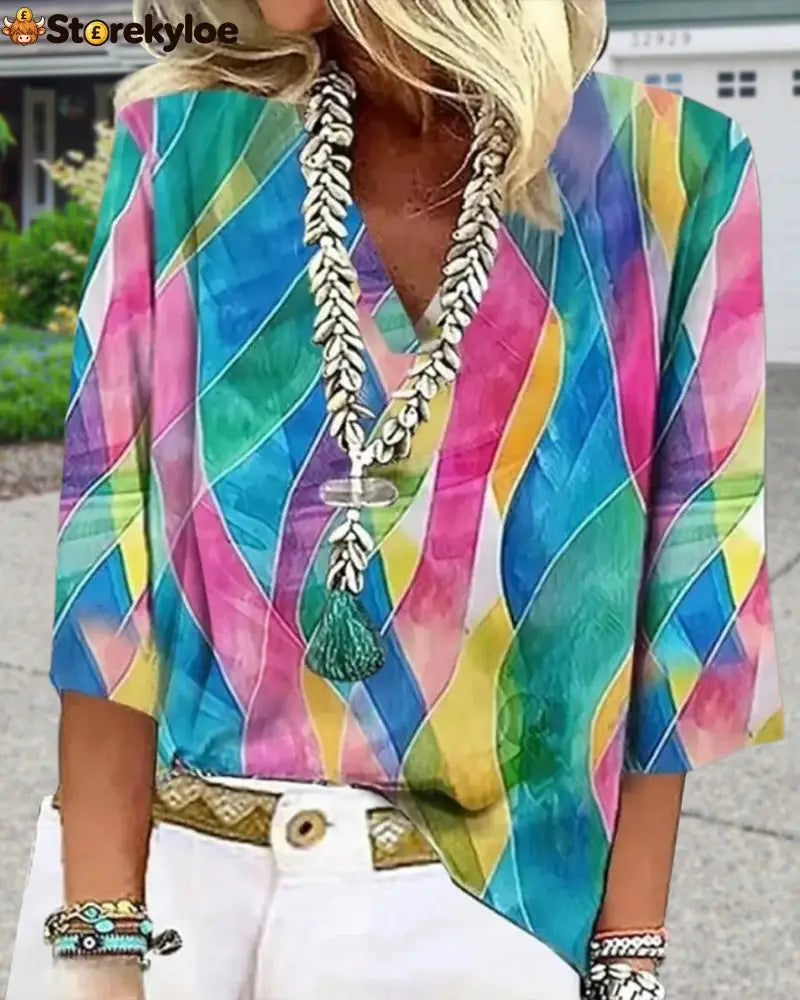 V-Neck Contrast Color Blouse