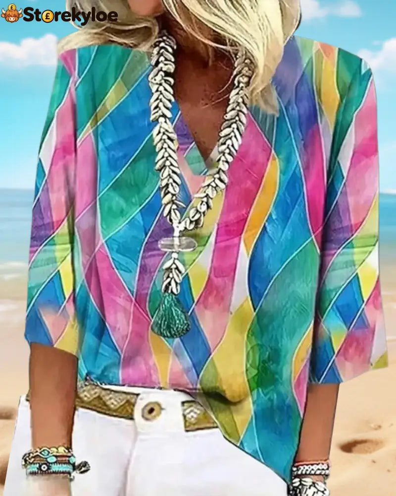V-Neck Contrast Color Blouse