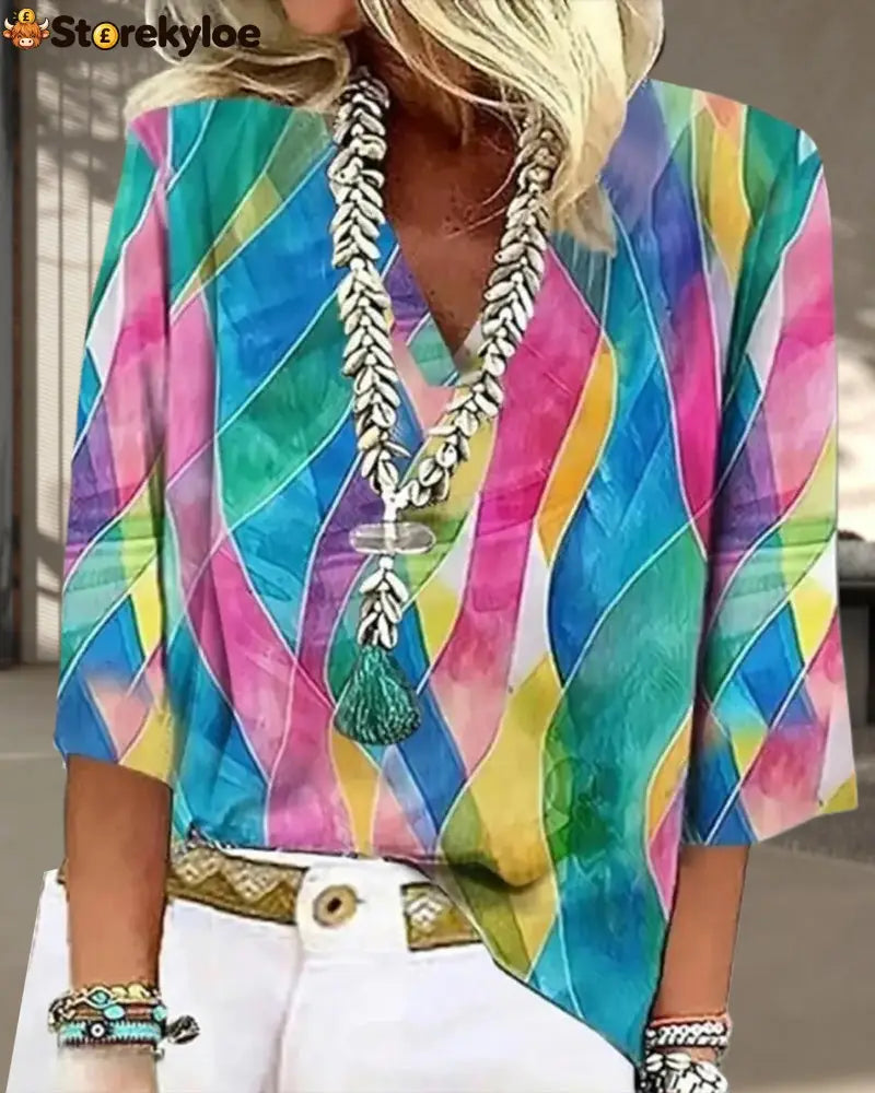 V-Neck Contrast Color Blouse