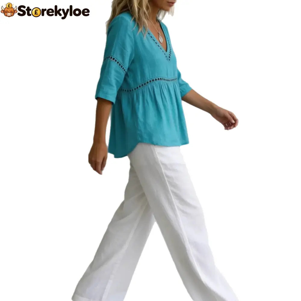 V-Neck Hollow-Out 3/4 Sleeve Blouse