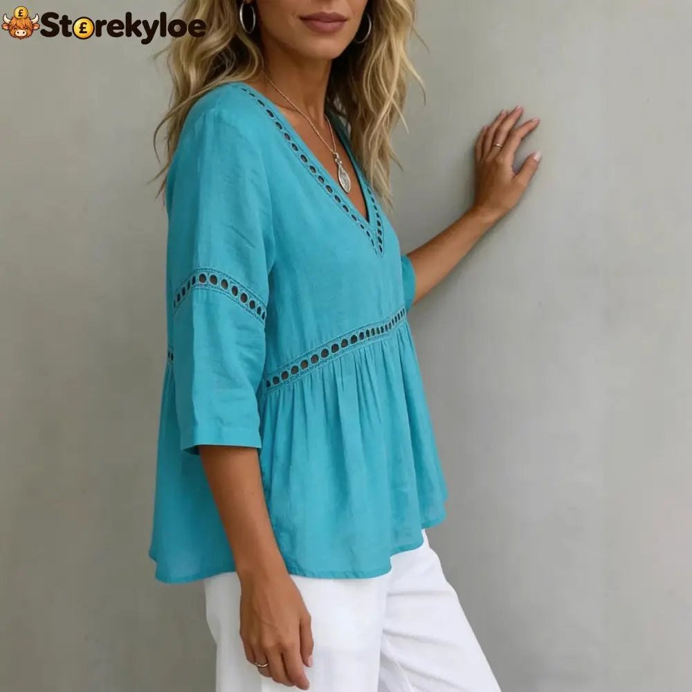 V-Neck Hollow-Out 3/4 Sleeve Blouse