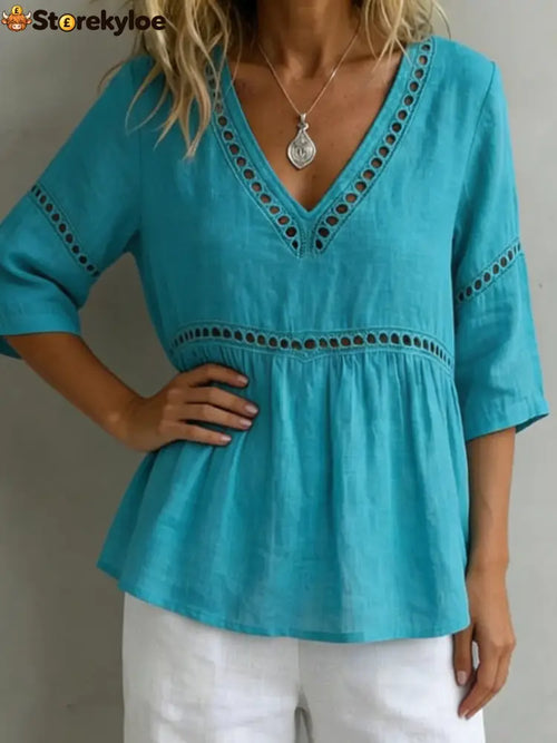 V-Neck Hollow-Out 3/4 Sleeve Blouse - Peacock blue / S