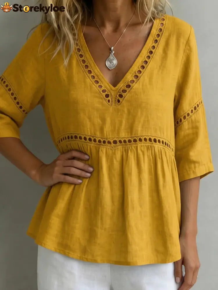 V-Neck Hollow-Out 3/4 Sleeve Blouse - Yellow / S