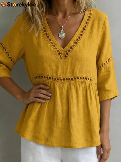 V-Neck Hollow-Out 3/4 Sleeve Blouse - Yellow / S