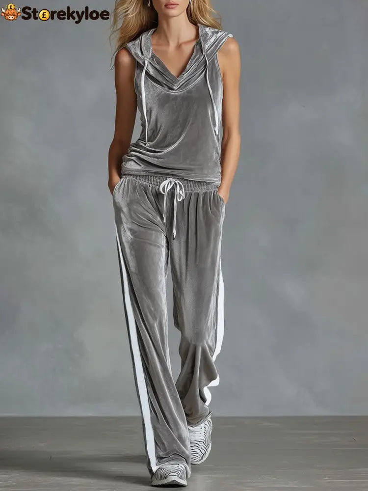 V-neck Hooded Sleeveless Top And Pants Velvet Set - Gray / XS