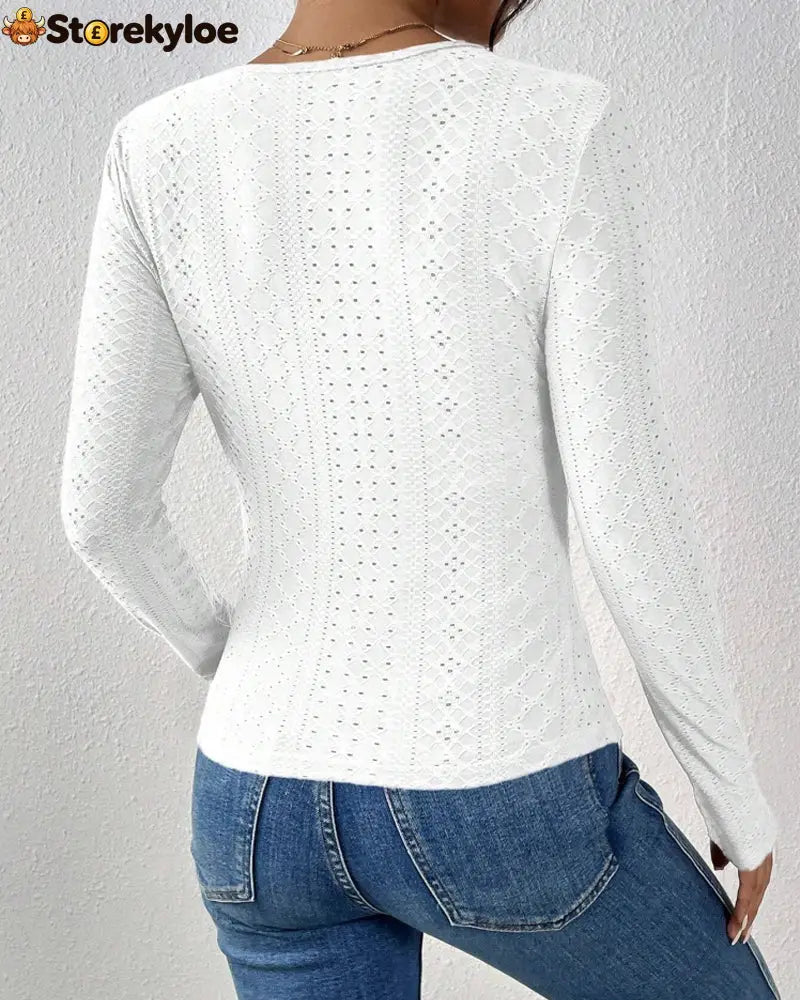 V-Neck Lace Panel Long-Sleeved Top