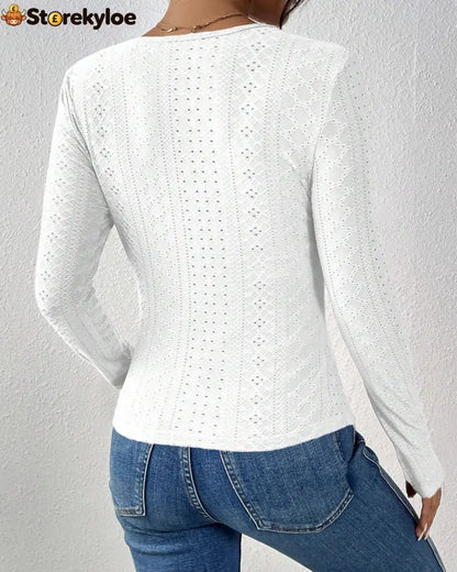 V-Neck Lace Panel Long-Sleeved Top