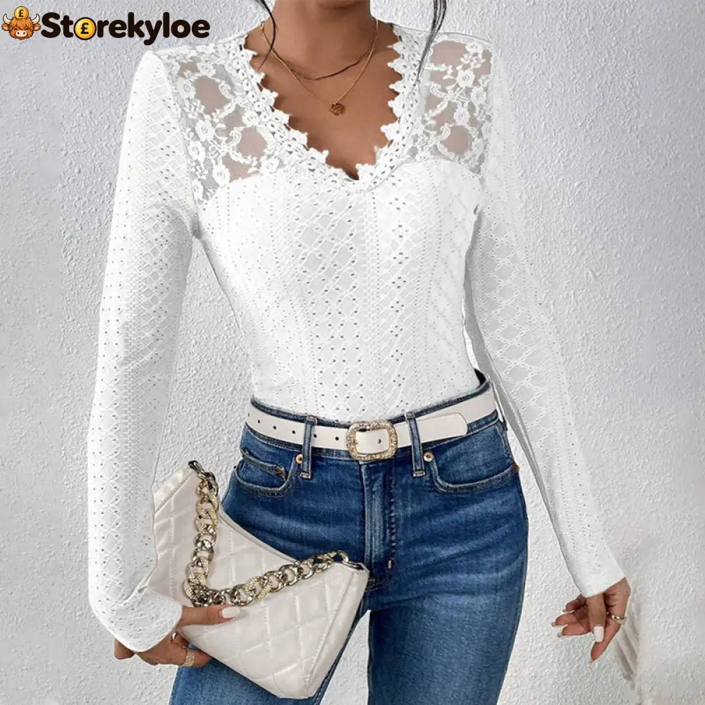 V-Neck Lace Panel Long-Sleeved Top