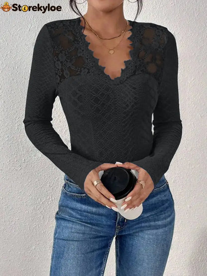 V-Neck Lace Panel Long-Sleeved Top