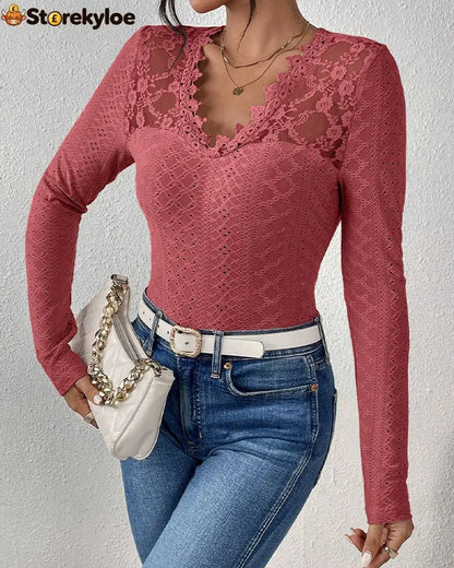 V-Neck Lace Panel Long-Sleeved Top