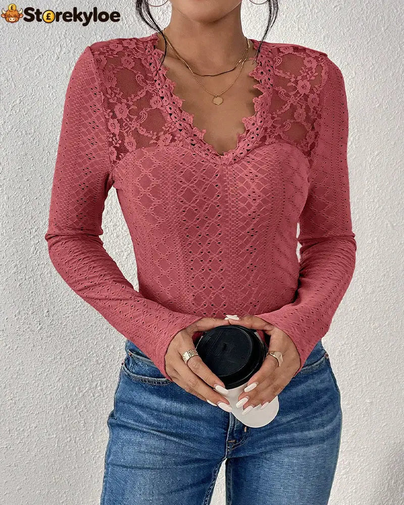 V-Neck Lace Panel Long-Sleeved Top