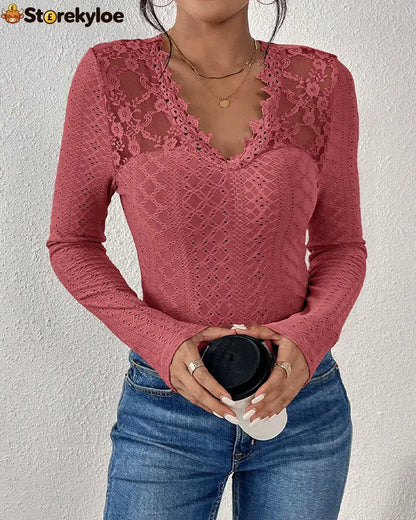 V-Neck Lace Panel Long-Sleeved Top