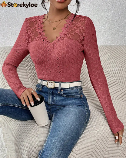 V-Neck Lace Panel Long-Sleeved Top
